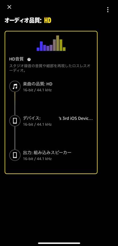 Amazon Musicで再生している楽曲の音質確認画面