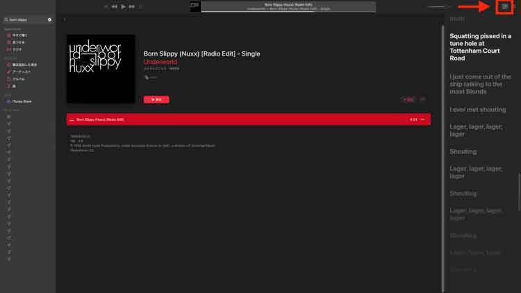 PCでApple Musicの歌詞を表示している画像