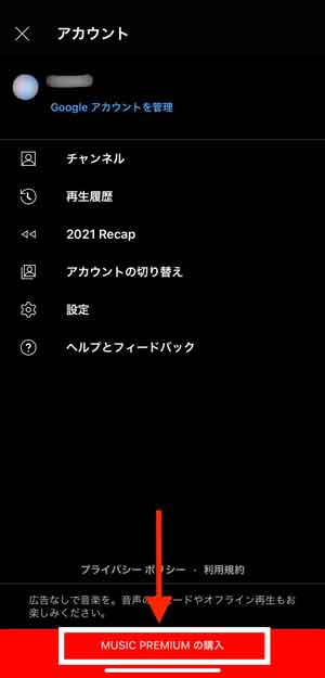 「MUSIC PREMIUMの購入」を選択している画像