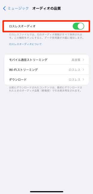 「ロスレスオーディオ」をオンにしている画像
