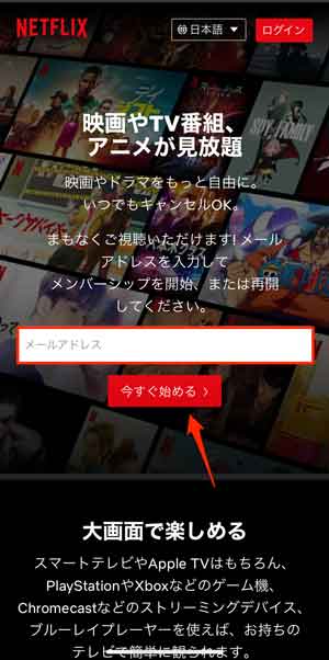 Netflix公式サイトで「今すぐ始める」を選択している画像