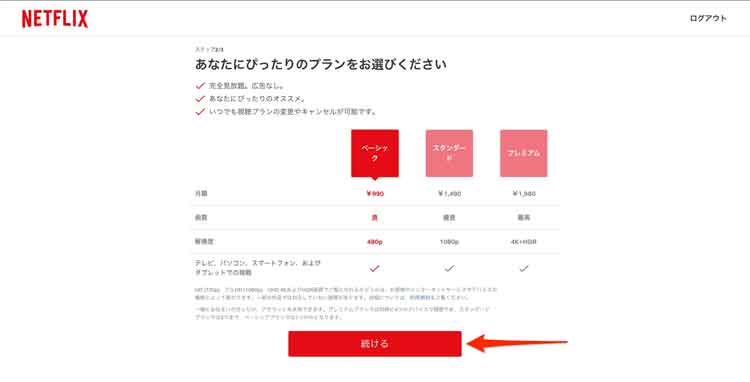 Netflixのプランを選択する画面