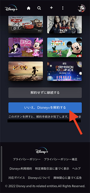 スマホ版ディズニープラス解約の最終確認画面
