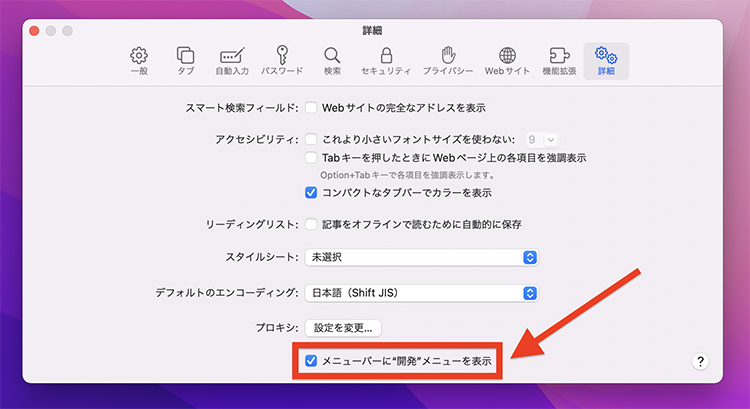 Safari環境設定の「詳細」画面