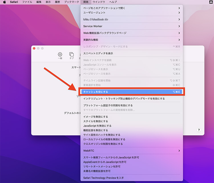 Safariの開発メニューで「キャッシュを空にする」を選択する画面