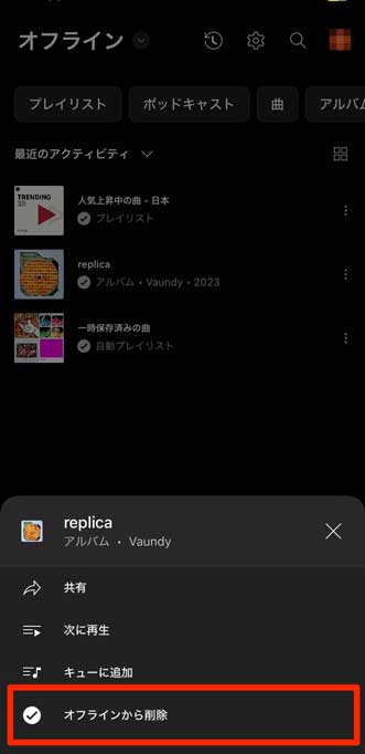 「オフラインから削除」を選択している画像